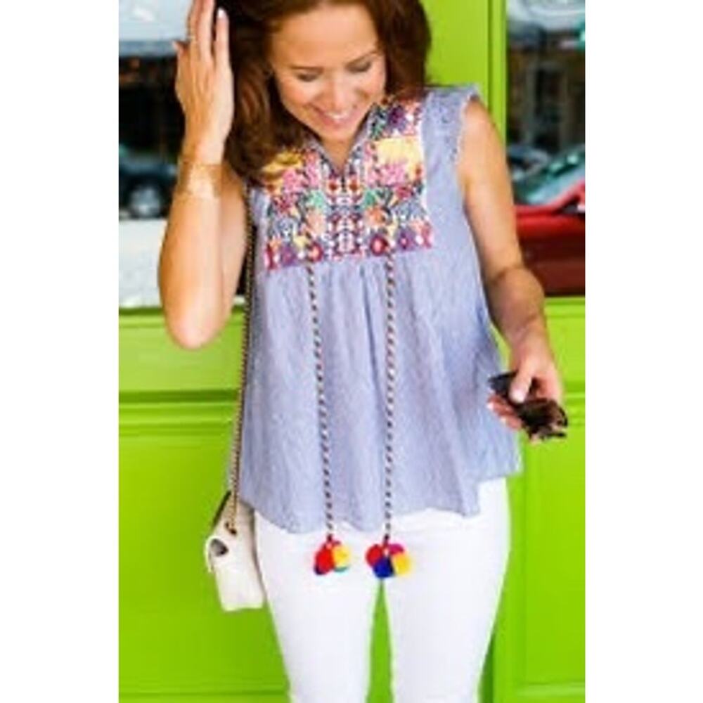 Savannah Jane 100% Cotton Embroidered Striped Boho Blouse - Blue & White Tassels